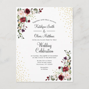 Bourgogne Bloemen Goudfolie Waterverf Bruiloft Uitnodiging Briefkaart