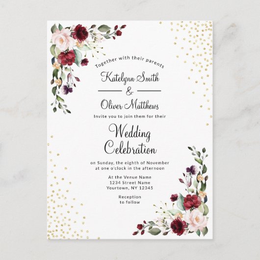 Bourgogne Bloemen Goudfolie Waterverf Bruiloft Uitnodiging Briefkaart (Voorkant)