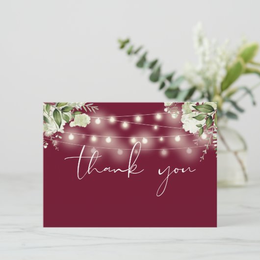 Bourgogne Bloemen Greenery String Lights Bedankkaart (Staand voorkant)