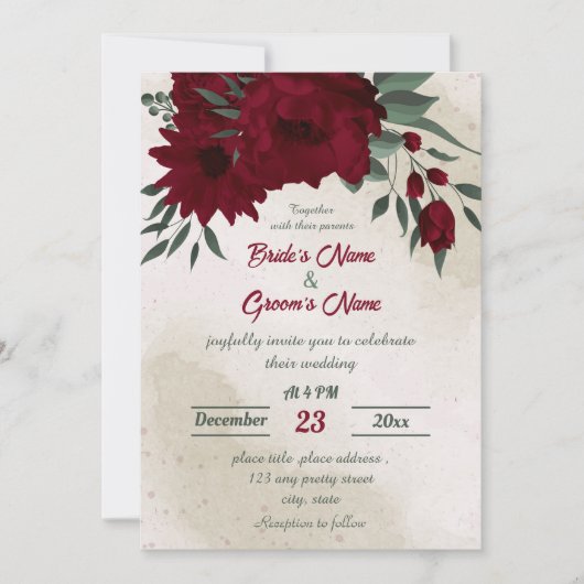 Bourgogne bloemen groen bruiloft kaart (Voorkant)