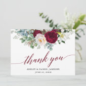 Bourgogne Bloemen groen kalligrafie bruiloft Bedankkaart (Staand voorkant)