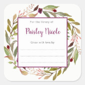 Bourgogne Bloemen Groen Krans Bookplaat Vierkante Sticker (Voorkant)