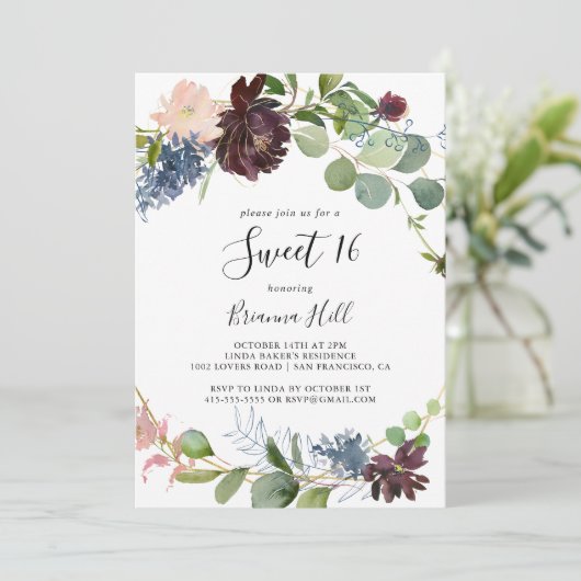 Bourgogne Bloemen Groen Lief 16 Verjaardagsfeest Kaart (Staand voorkant)