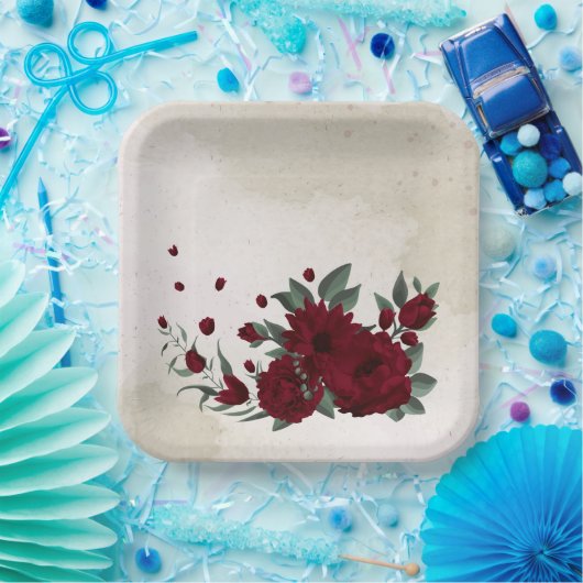 Bourgogne bloemen groen papieren bordje (Feest)