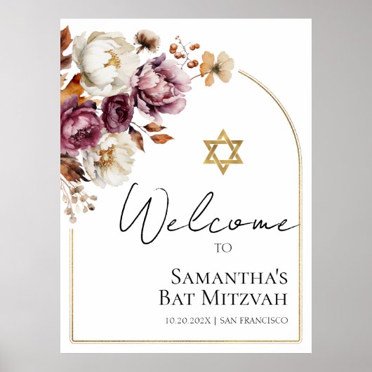 Bourgogne Bloemen Herfst Bat Mitzvah Welkomstbord Poster (Voorkant)