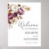 Bourgogne Bloemen Herfst Huwelijk Welkom Teken Poster (Voorkant)