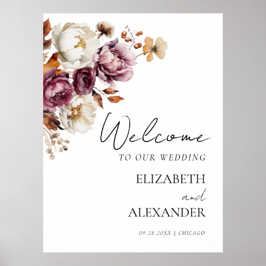 Bourgogne Bloemen Herfst Huwelijk Welkom Teken Poster (Voorkant)