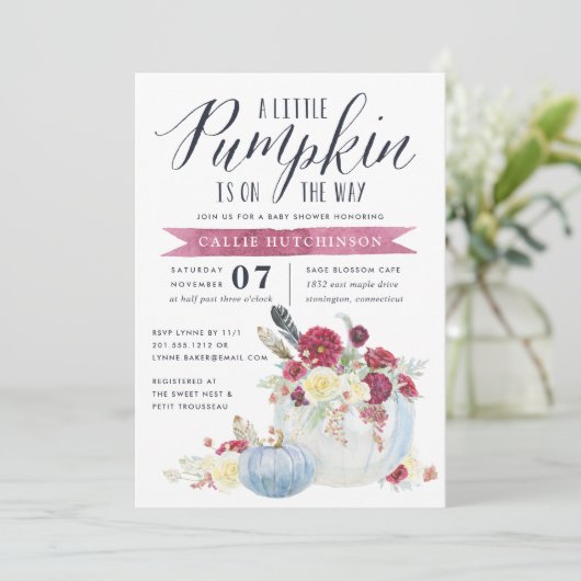 Bourgogne Bloemen & Herfst Pompoen Baby shower Kaart (Staand voorkant)