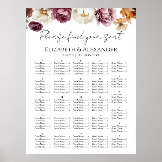 Bourgogne Bloemen Herfst Trouwstoel Grafiek Poster (Voorkant)