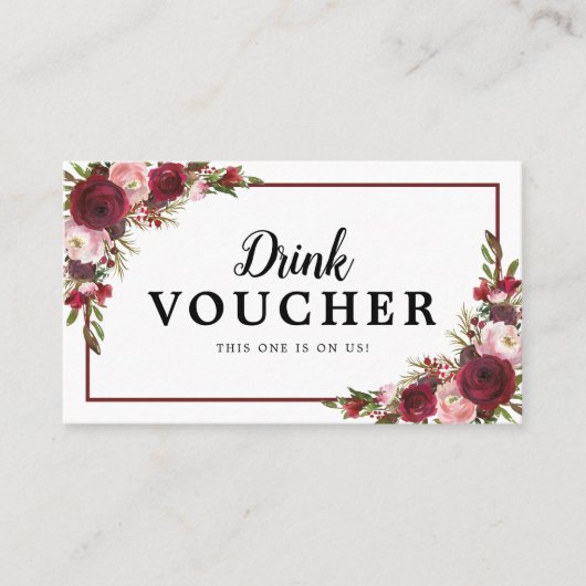 Bourgogne Bloemen Huwelijk Gratis Drink Voucher Visitekaartje (Voorkant)