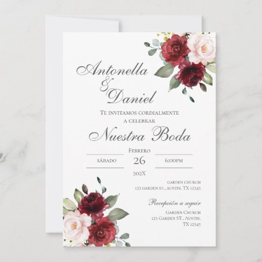 Bourgogne Bloemen Huwelijksuitnodiging in het Spaa Kaart (Voorkant)