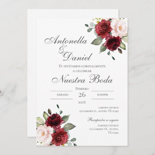 Bourgogne Bloemen Huwelijksuitnodiging in het Spaa Kaart (Voorkant / Achterkant)