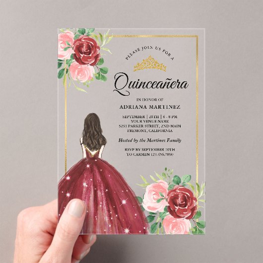 Bourgogne Bloemen Jurk Princess Gold Quinceanera Acryl Uitnodigingen (Insitu (Draagbaar))