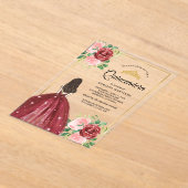 Bourgogne Bloemen Jurk Princess Gold Quinceanera Acryl Uitnodigingen (Laagn)