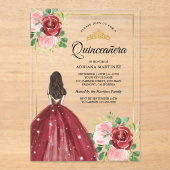Bourgogne Bloemen Jurk Princess Gold Quinceanera Acryl Uitnodigingen (Voorkant)