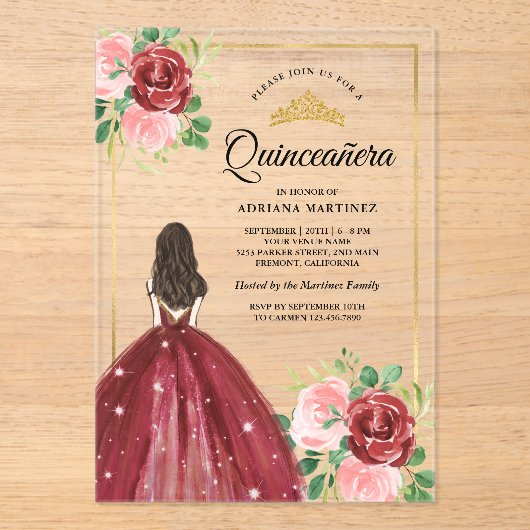 Bourgogne Bloemen Jurk Princess Gold Quinceanera Acryl Uitnodigingen (Voorkant)