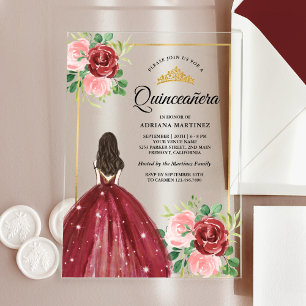 Bourgogne Bloemen Jurk Princess Gold Quinceanera Acryl Uitnodigingen