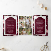 Bourgogne Bloemen Kant Alles In Een Indische Bruil Drieluik Uitnodiging (Binnen)