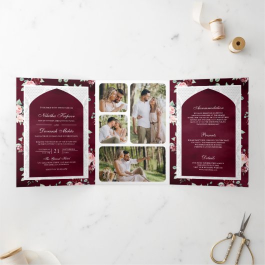 Bourgogne Bloemen Kant Alles In Een Indische Bruil Drieluik Uitnodiging (Binnen)