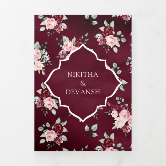 Bourgogne Bloemen Kant Alles In Een Indische Bruil Drieluik Uitnodiging (Cover)