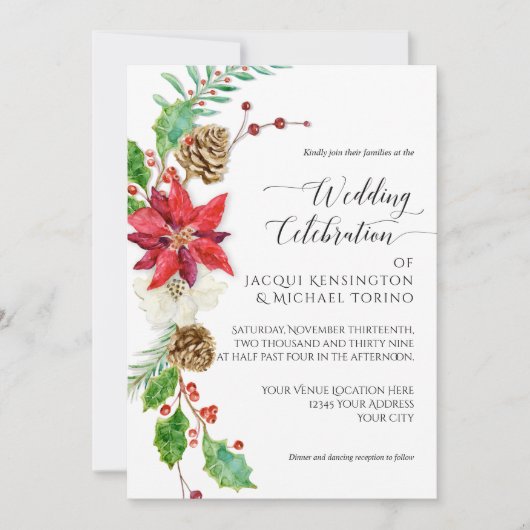 Bourgogne Bloemen Kerst Groen Goud Holly Wedding Kaart (Voorkant)