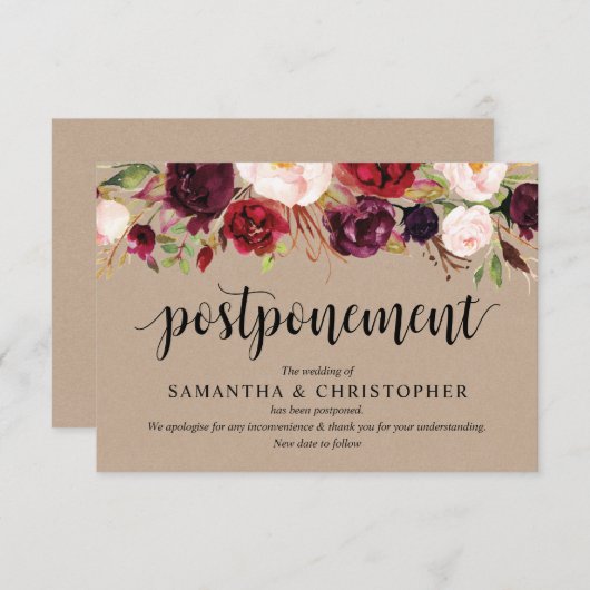 Bourgogne Bloemen, Kraft, Zwart, Huwelijk uitgeste Informatiekaartje (Voorkant / Achterkant)