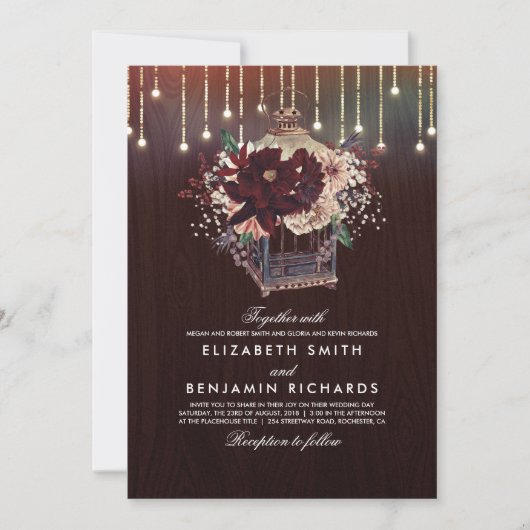 Bourgogne Bloemen Lantaarn Lights Rustieke Hout We Kaart (Voorkant)