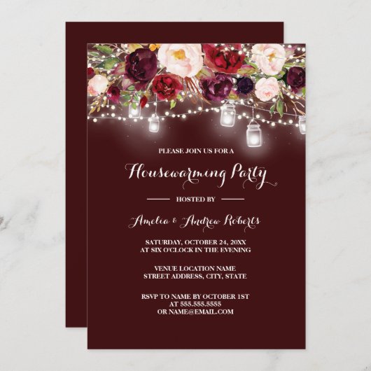 Bourgogne Bloemen Lights Housewarming Party Kaart (Voorkant / Achterkant)