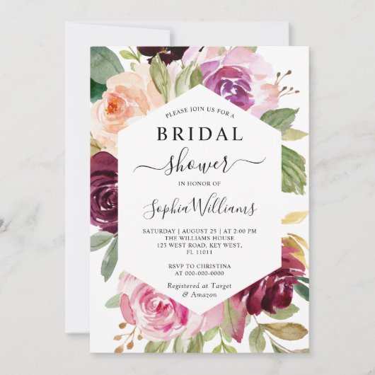 Bourgogne Bloemen Lijst Bruidsdouche Uitnodiging (Voorkant)