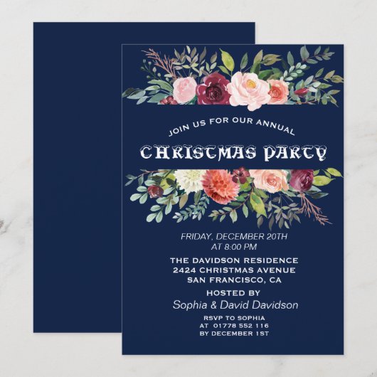 Bourgogne Bloemen Lijst Donkerblauw Kerstfeest Kaart (Voorkant / Achterkant)