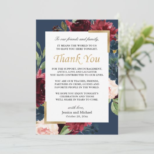 Bourgogne Bloemen Marine Blauw Bruiloft Plaats Bedankkaart (Staand voorkant)