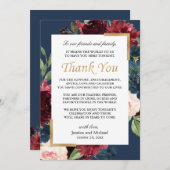 Bourgogne Bloemen Marine Blauw Bruiloft Plaats Bedankkaart (Voorkant / Achterkant)