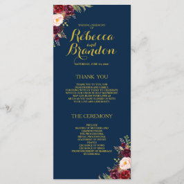 Bourgogne Bloemen Marine Blauw Goud Custom Wedding Programmakaart