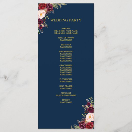 Bourgogne Bloemen Marine Blauw Goud Custom Wedding Programmakaart (Achterkant)