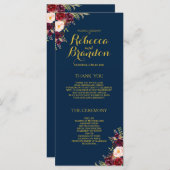 Bourgogne Bloemen Marine Blauw Goud Custom Wedding Programmakaart (Voorkant / Achterkant)