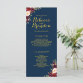Bourgogne Bloemen Marine Blauw Goud Custom Wedding Programmakaart (Staand voorkant)