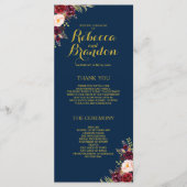 Bourgogne Bloemen Marine Blauw Goud Custom Wedding Programmakaart (Voorkant)