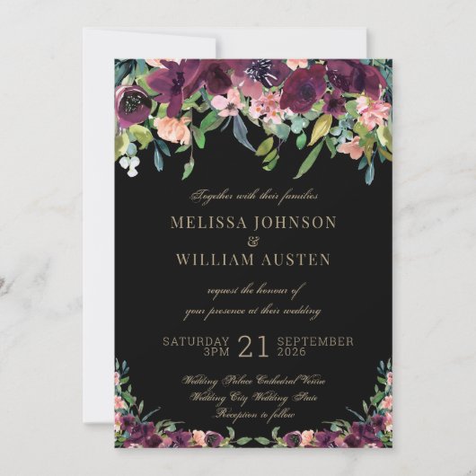 Bourgogne Bloemen Marsala Zwart Bruiloft Kaart (Voorkant)