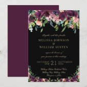 Bourgogne Bloemen Marsala Zwart Bruiloft Kaart (Voorkant / Achterkant)