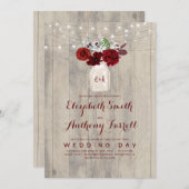 Bourgogne Bloemen Mason Jar Rustiek Hout Huwelijk Kaart (Voorkant / Achterkant)