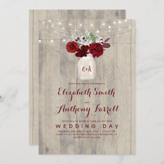 Bourgogne Bloemen Mason Jar Rustiek Hout Huwelijk Kaart (Voorkant / Achterkant)