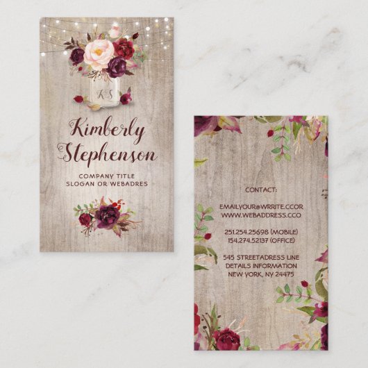 Bourgogne Bloemen Mason Jar Rustiek Land Visitekaartje (Voorkant / Achterkant)