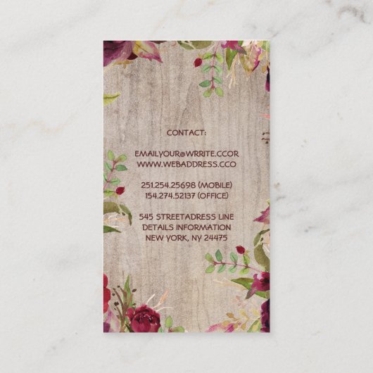 Bourgogne Bloemen Mason Jar Rustiek Land Visitekaartje (Achterkant)