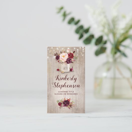 Bourgogne Bloemen Mason Jar Rustiek Land Visitekaartje (Staand voorkant)