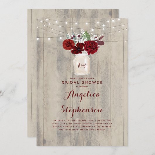 Bourgogne Bloemen Mason Jar Rustiek Vrijgezellenfe Kaart (Voorkant / Achterkant)