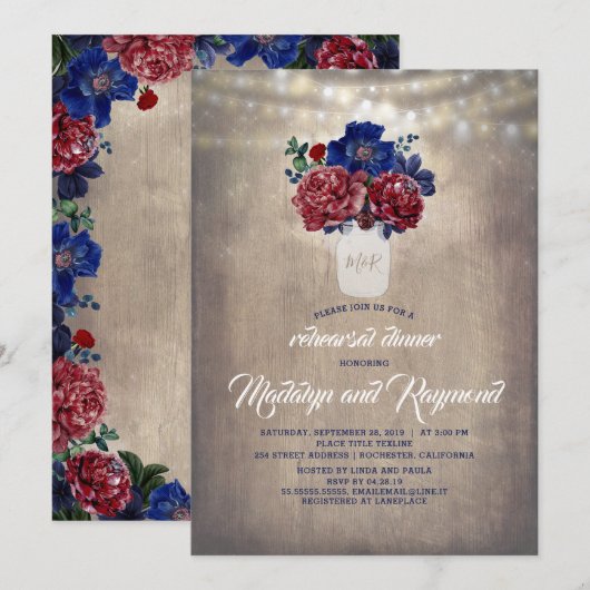 Bourgogne Bloemen Mason Jar Rustieke repetitie din Kaart (Voorkant / Achterkant)