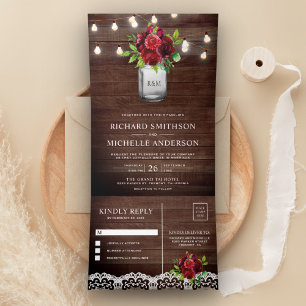 Bourgogne Bloemen Mason Jar String Lights Bruiloft Drieluik Uitnodiging