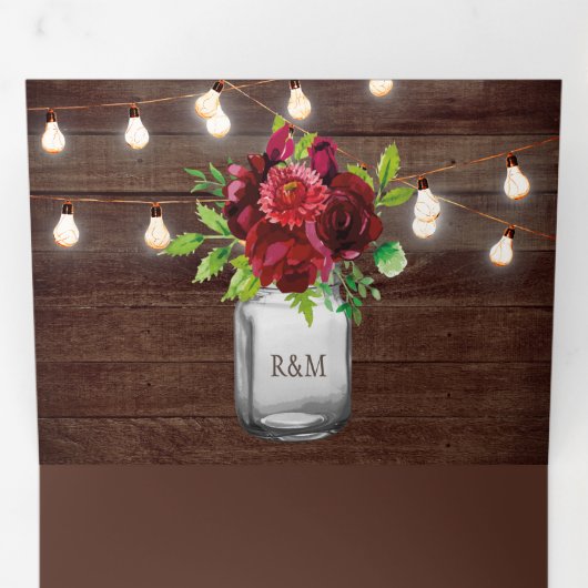 Bourgogne Bloemen Mason Jar String Lights Bruiloft Drieluik Uitnodiging (Binnenzijde eerst)
