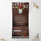 Bourgogne Bloemen Mason Jar String Lights Bruiloft Drieluik Uitnodiging (Binnen)
