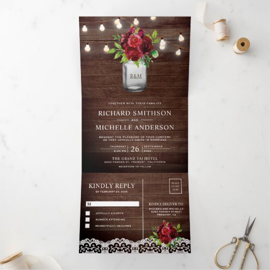 Bourgogne Bloemen Mason Jar String Lights Bruiloft Drieluik Uitnodiging (Binnen)